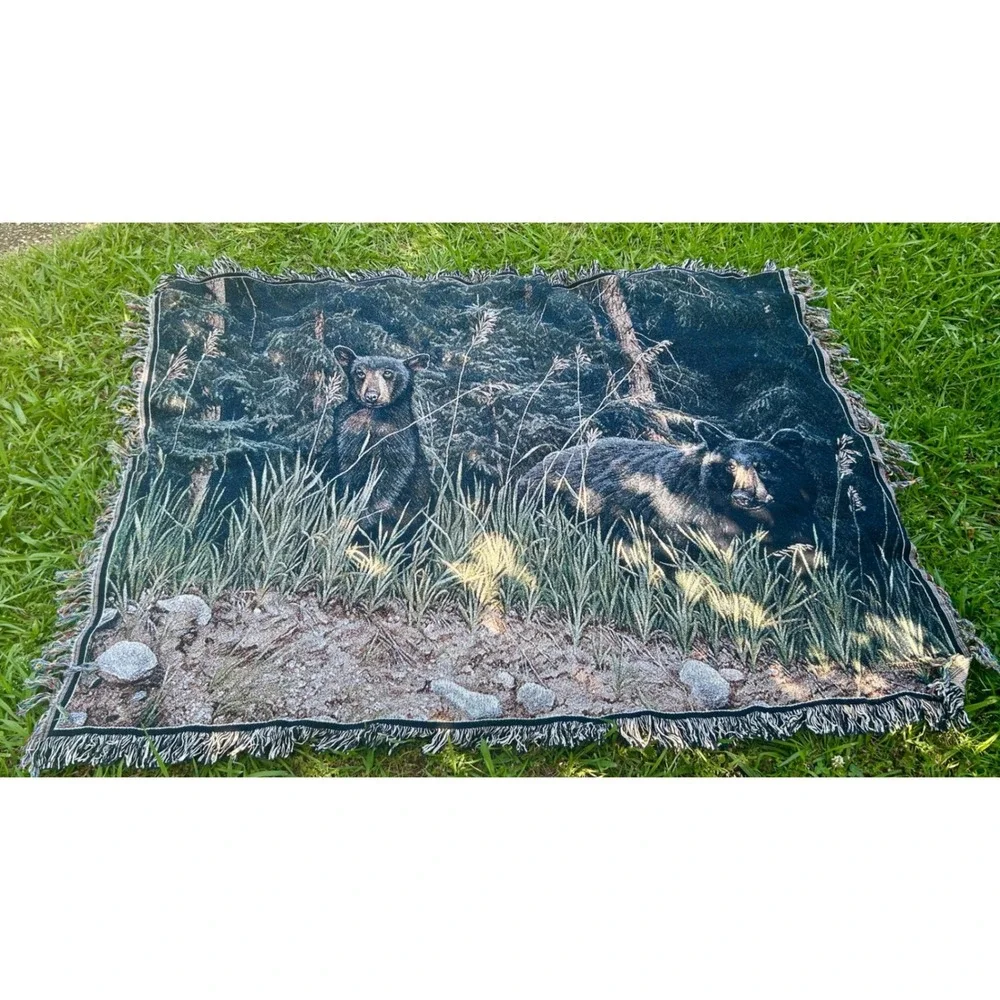 80s R.S. Parker Black Bear Tapestry Blanket 62x49 forest cabin art decor vintage